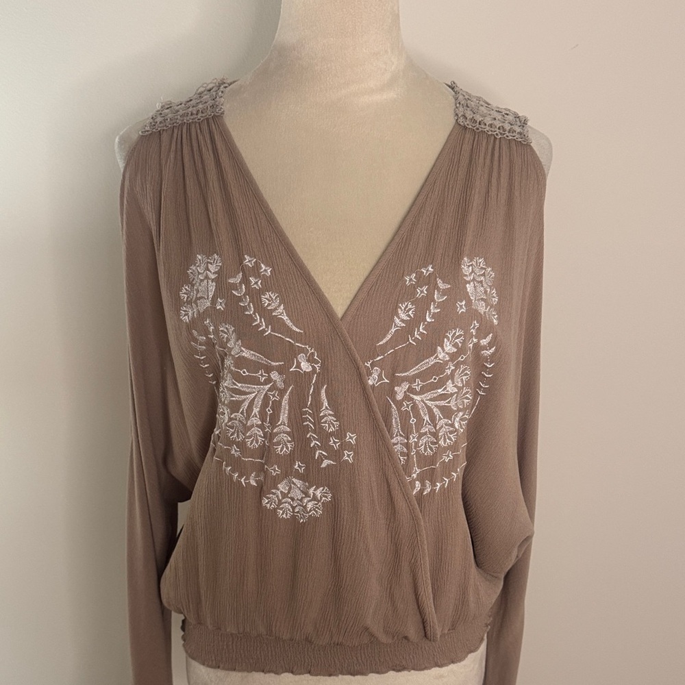 Phanuel Cold Shoulder Beige Blouse with White Floral Embroidery